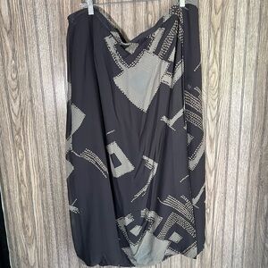 Plus Size Silk Black Grey Aztec Print Midi Skirt